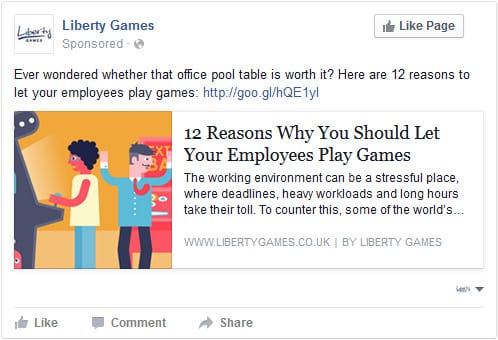 Liberty Games paid social media content ad