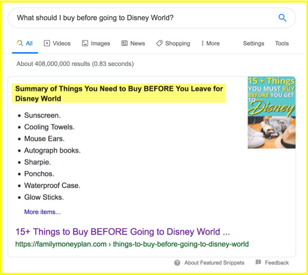 Google search result summary