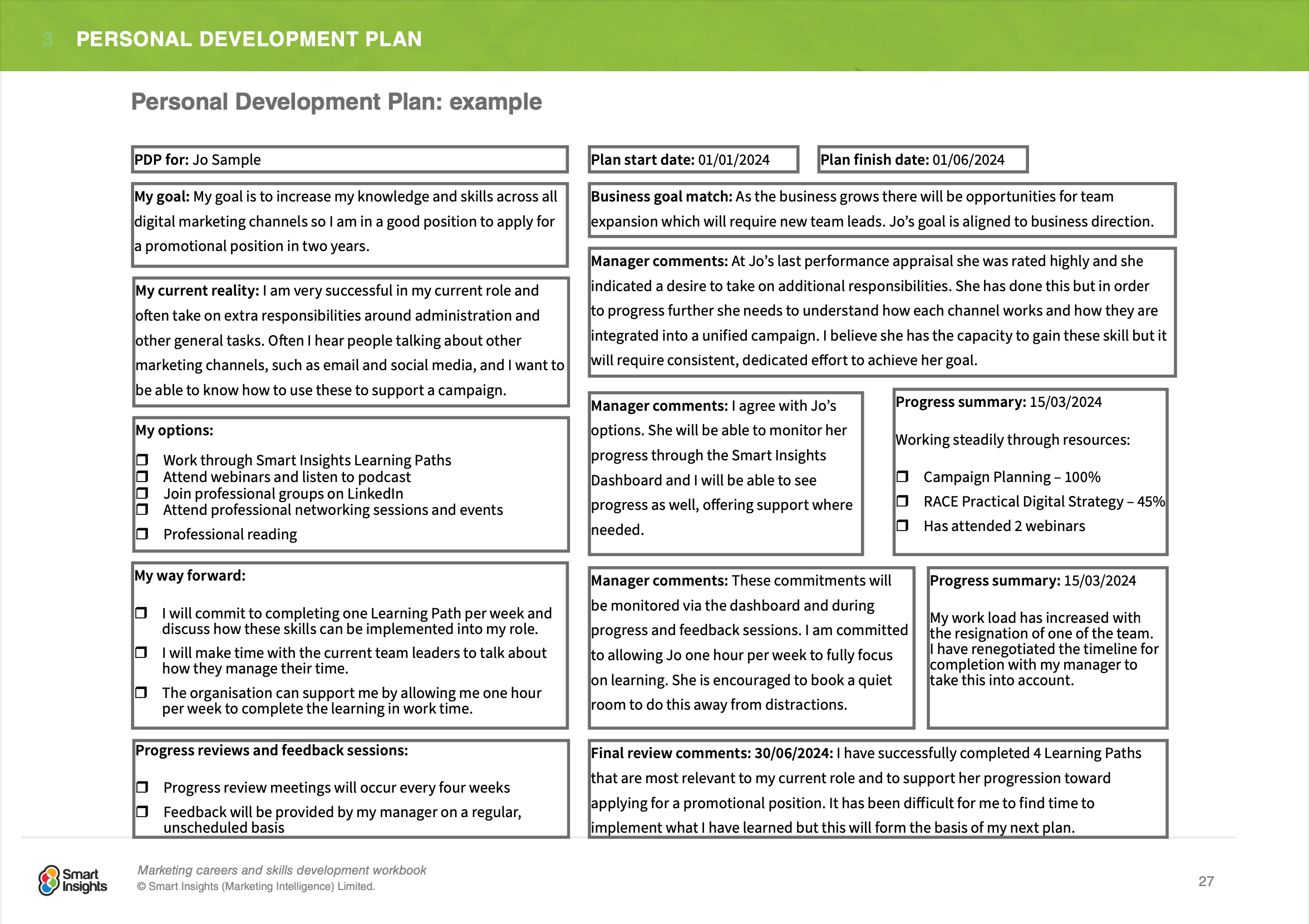 Example of a completed Personal Development Plan